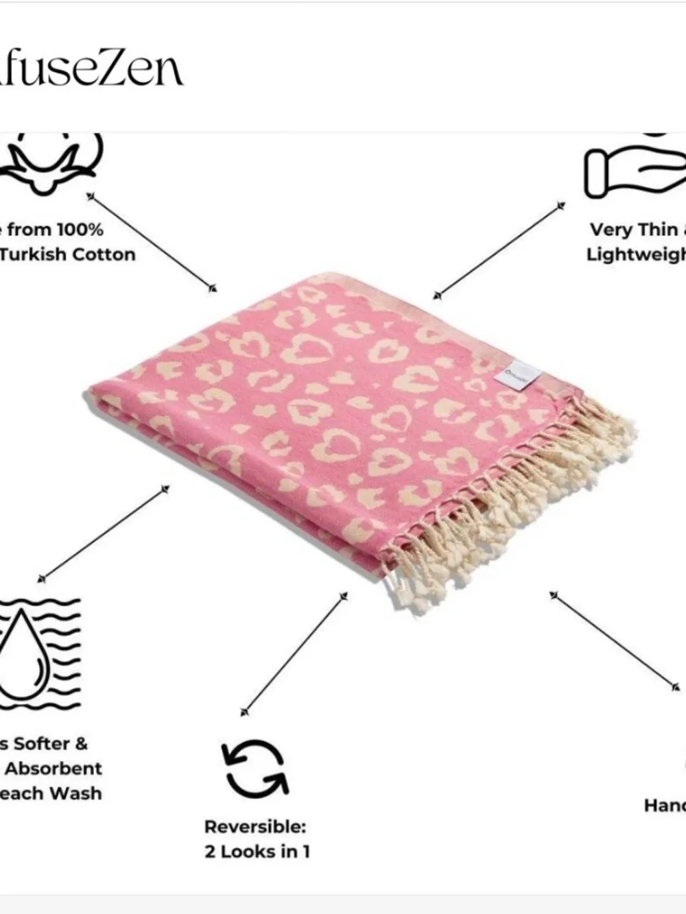 NWT - InfuseZen 36” x 66” Leopard Heart Organic Turkish Towel in Pink  DETAILS: